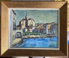 Oil Painting Mediterranean Port Church Old Town ° Unlesrlich Signed