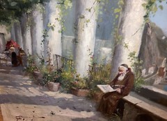 Edwardo Scognamiglio ( Italian 19/20th ) Oil Painting Reading Monk Amalfi Coast