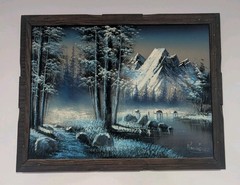 Vintage Velvet Painting Landscape Forest River Fall Scene Carved Wood Frame