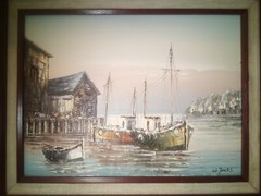 W Jones Signed Oil Painting Fishing Boats Dock Mid Century Nautical Harbor