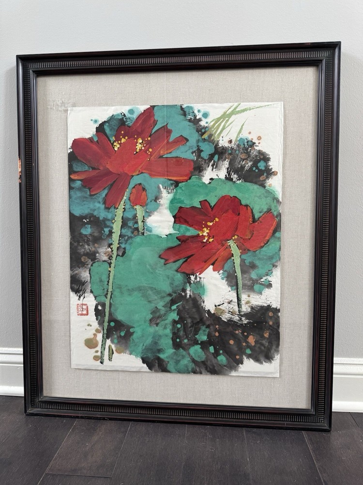 Original Chinese Watercolor Of Bold Red Lotus Flowers Artist signed 32.5”x27.5”