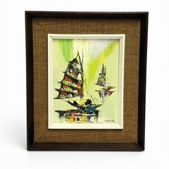 Vintage Mid Century Nan Fu Sailboat Oil Painting 9×7 Burlap Wood Frame 11.5×13.5