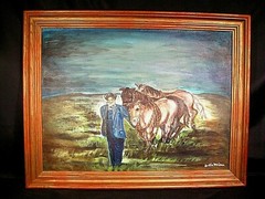 A Man and His Favorite Horses Primitive Oil Painting Signed on Canvas Panel