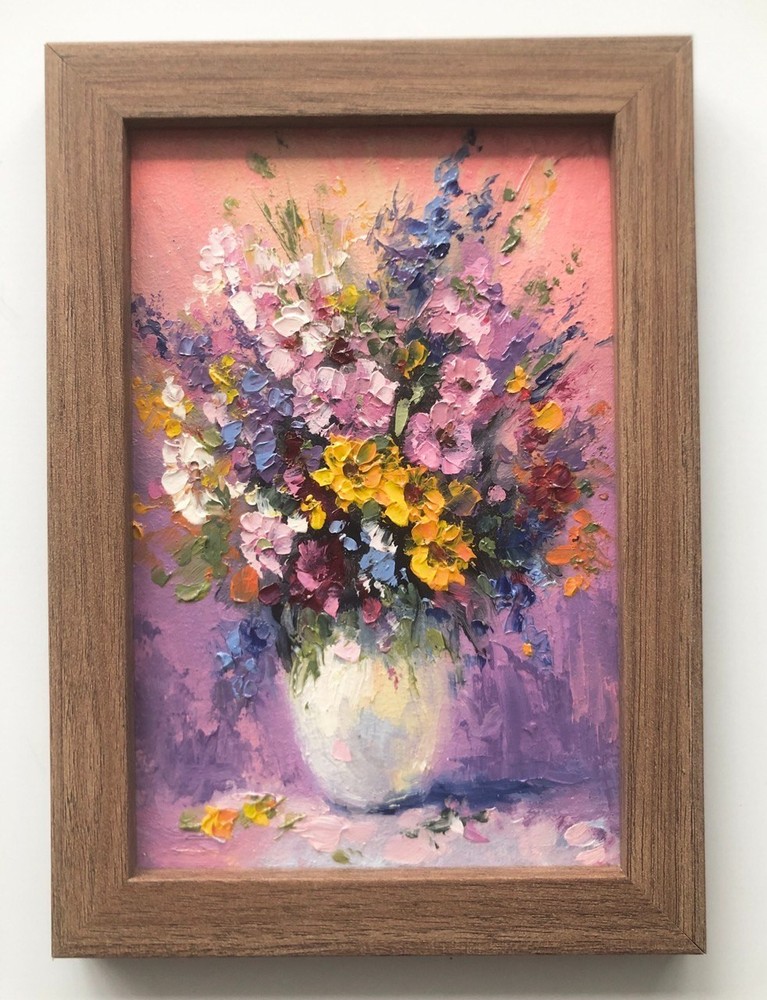 Original Oil Painting in wooden Frame Flowers in a Vase Bouquet Miniature 6×4 in