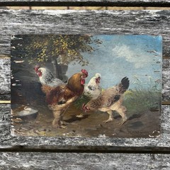 Oil Painting Rooster and Chickens Signed Max Haenger Animal Painter Painting on Wood