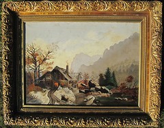 ANTIQUE AMERICAN FOLK ART GRIST MILL BLACKSMITH BRANDING RAVEN LARGE PAINTING