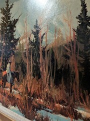 Framed Mark Ogle 1983 „Winter Base“ Oil on Masonite Cowboy Packhorse Western Art