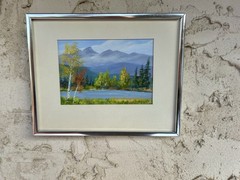 Original framed landscape painting mountains birch tree lake cabin decor