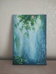 Minimalist Oil Painting on Canvas Rainy Nature Wall Art Green Leaves Modern