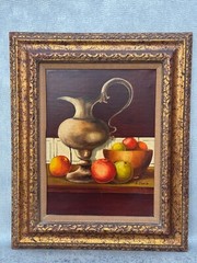 K HANLO HOLLAND SIGNED OIL PAINTING STILL LIFE SILVER VASE WITH ASSORTED FRUITS