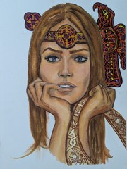Original Watercolor Painting Celtic Fantasy Woman Portrait Signed LeBailly 1970s