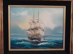 A Fine Quality 1960’s Vintage Rupert Hydan Colonial Ship on the Sea Oil Painting