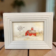 Vtg Miniature Watercolor Painting Barn Windmill Minnesota Sharon Boudin 3″x2″