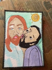 ACEO watercolor art by PJ, art card 2.5 x 3.5: Judas betrayed Jesus with a kiss.