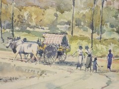 Tin Aung Htaik Burmese Artist Shwedagon Buddhist Pagoda Village Life WC Painting