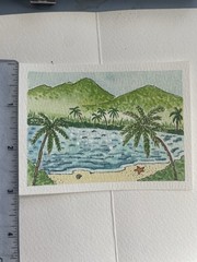 ACEO Tropical Island Palm Coconut Trees Ocean Water Landscape Watercolor Beach