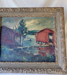 1947 Vivian Kinsley Impressionist Harbor Cabin Lakefront Oil Painting Framed
