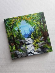 Original Acrylic waterfall painting Canvas with easel 4 x 4 Signed landscape