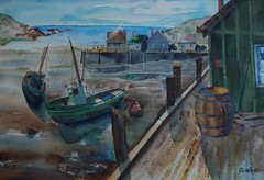Vintage Watercolor of A New England Shore Scene W/ Fishing Boats Signed Ressler