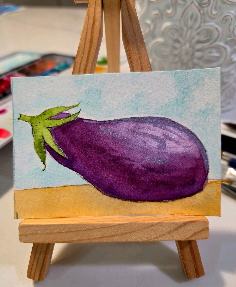 ACEO Art Card, Eggplant Food Nature Watercolor, 2.5×3.5in