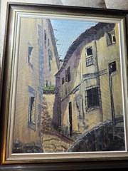 Large „European Village Street Landscape With Homes Scene“ Oil Painting – Framed