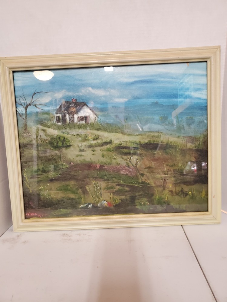 Framed Oil On Board Rustic Farmhouse Landscape Painting Signed TDM ’93