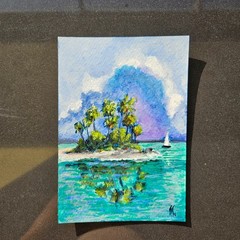 Beach Island Painting Tropical Seascape Palm Trees Ocean Landscape Art Postcard
