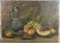 Antique European Still Life Oil On Canvas Pitcher Fruit Flemish A.W. Junod