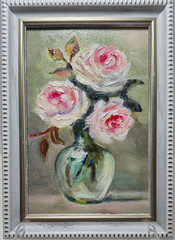 original autographed oil painting framed..Roses in a green vase.4×6 in.
