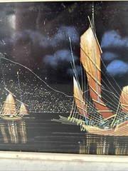 VINTAGE Silk PAINTING Hong Kong Harbour at Night SHIPS Boats 13×8.5