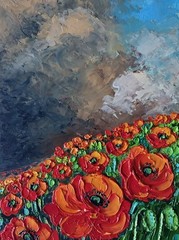 Framed Red Poppy Field Stormy Cloudy Sky Landscape 6×8” Oil Painting Original