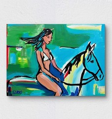 Sloog Original Art Expressionist Painting on Canvas 12×16 Girl Riding Horse