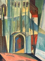 Antique Cubist Painting New York Modernist Expressionist Architectural Mystery