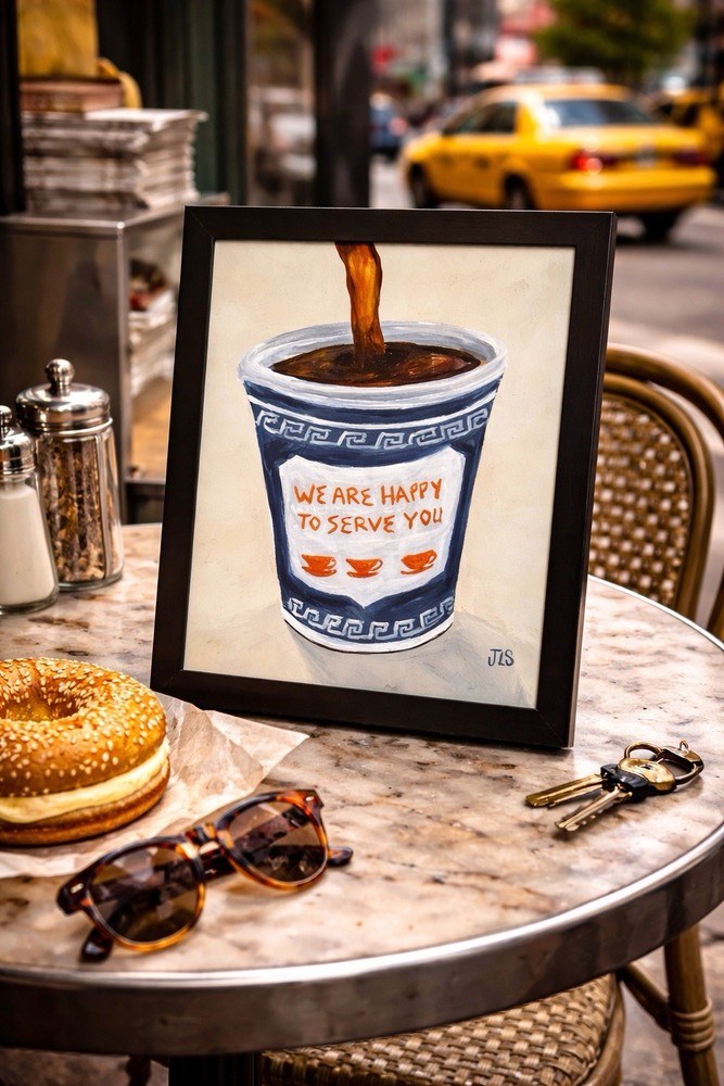 NYC Anthora Coffee Cup Painting 8×10 Framed Acrylic on Canvas Panel