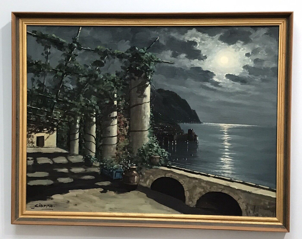 Framed Carlo Ciappa Oil Painting on Panel Signed Amalfi Coastline Italy 1950s