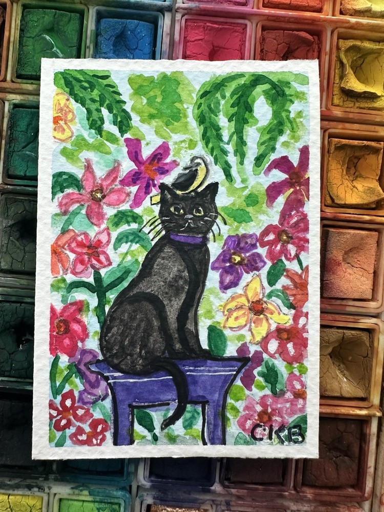 ACEO Original Watercolor Floral Black Cat Signed 2.5 X3.5
