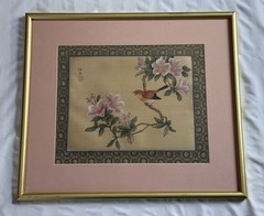 Vintage Chinoiserie Red Bird Pink Flowers Watercolor Silk 15.25”x13.25” Framed