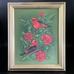 VTG Original Acrylic Art Painting Red Birds & Flowers signed Karen Hubbard