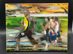 BOLT STRIDE Usein Running Race Pulling Ahead Original Collage Painting 14 x 11″