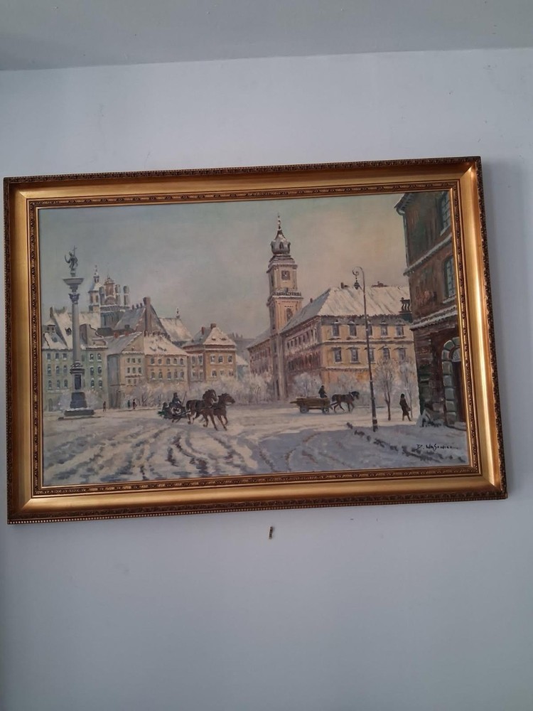 Original Dariusz Wąsowicz Signed Oil Painting Warsaw Poland Winter Cityscape