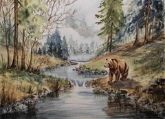 BEAR GRIZZLY Animal WILDLIFE Foggy FOREST Original Art Painting Landscape GiftA4