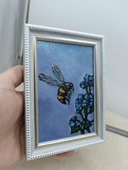 Bumblebee Original Oil Painting 4×6 Framed Signed Bee Blue Flower Impasto Art
