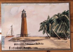 Vintage Cape Florida Lighthouse Watercolor Painting 1979 Mary Staib Signed 11×8