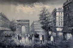 Old Paris Street w/ Victory Gate, Hand Painted Oil Painting B/W 24x36in