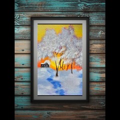 Original Forest Sunset Watercolor Painting Winter Landscape Christmas Wall Art