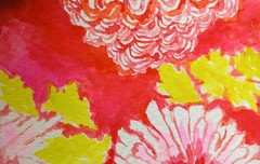 aceo original painting, Watercolor, Mums And Daisies, Wild Flowers Bright Red