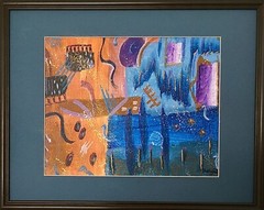Original Abstract Painting Blue Orange Sold by Artist Batya Deene 8-1/4×12