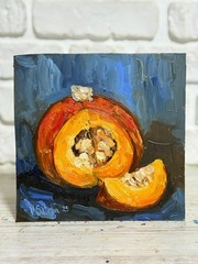 Pumpkin Original Oil Painting Still Life Kitchen Halloween Art Signed Impasto