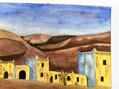 Watercolor Painting Desert Buildings Pueblos Village Folk Art 7×10” Contemporary