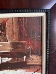 Framed City Street Scene Painting Vintage Car & Cyclist Signed Art Print